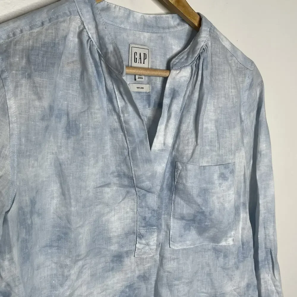 Gap Linen Tie Dye Shirt Blue Womens XS Watercolor Pastel Coastal Beach
